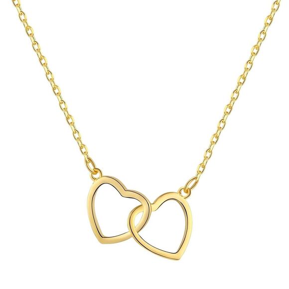 18K Gold Plated Women's Dual Interlocking Heart Necklace Romantic Love Gift - Picture 3 of 12